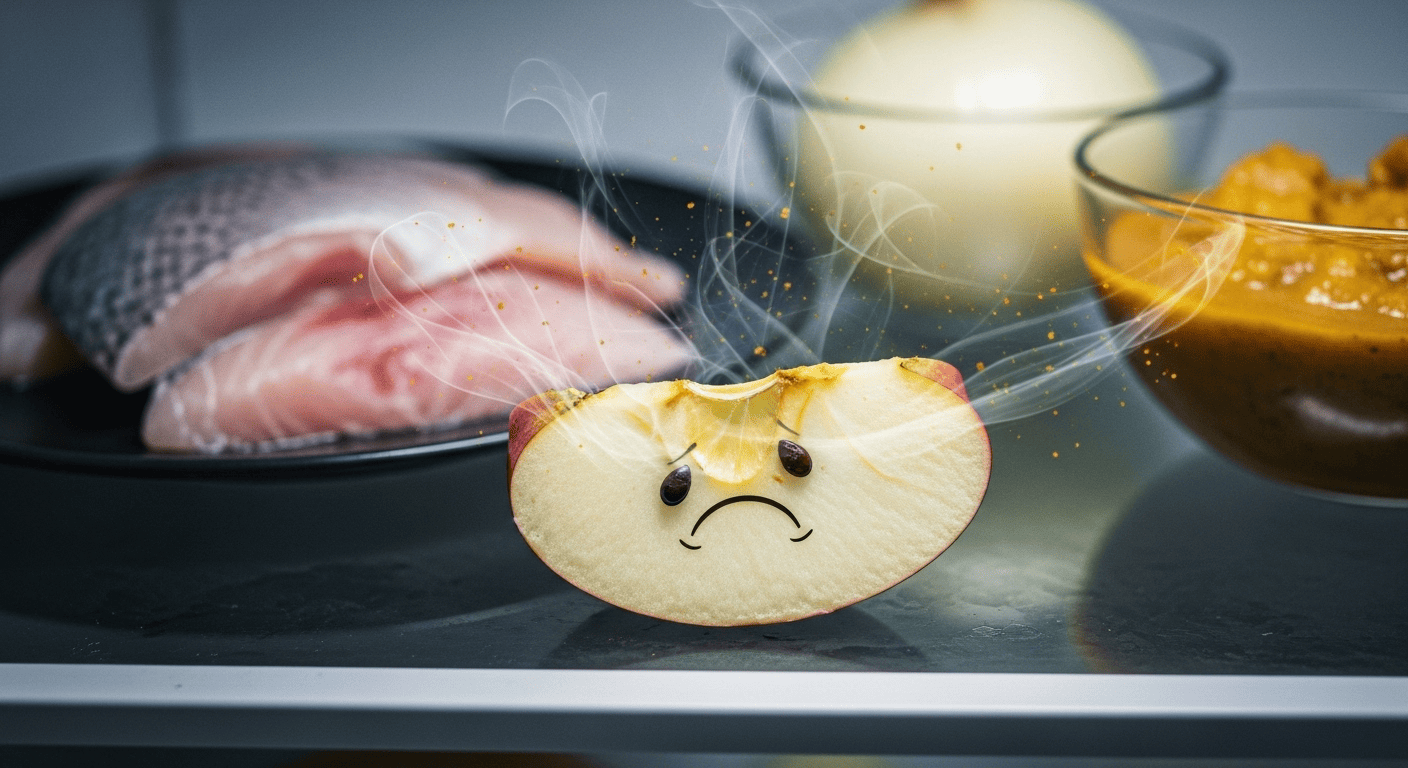 A close-up shot of a freshly cut apple slice inside a refrigerator. The apple looks dull, gray, and unappetizing. In the background, blurred but recognizable, are other foods like raw fish, a cut onion, and a bowl of curry. Faint, ghostly wisps of odor and color are visibly drifting from these items and being absorbed by the sad-looking apple slice, symbolizing the loss of flavor and purity.