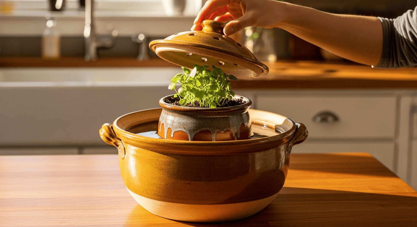 A beautiful, naturally lit shot of the "Double Pot Method" in action. A large, rustic earthenware pot sits on a wooden kitchen counter. Inside it is a smaller, sealed clay pot. The space between the two pots is filled with cool water. A hand is lifting the lid of the outer pot, which has small holes for ventilation. The scene feels organic, healthy, and wise. The lighting is warm and inviting.