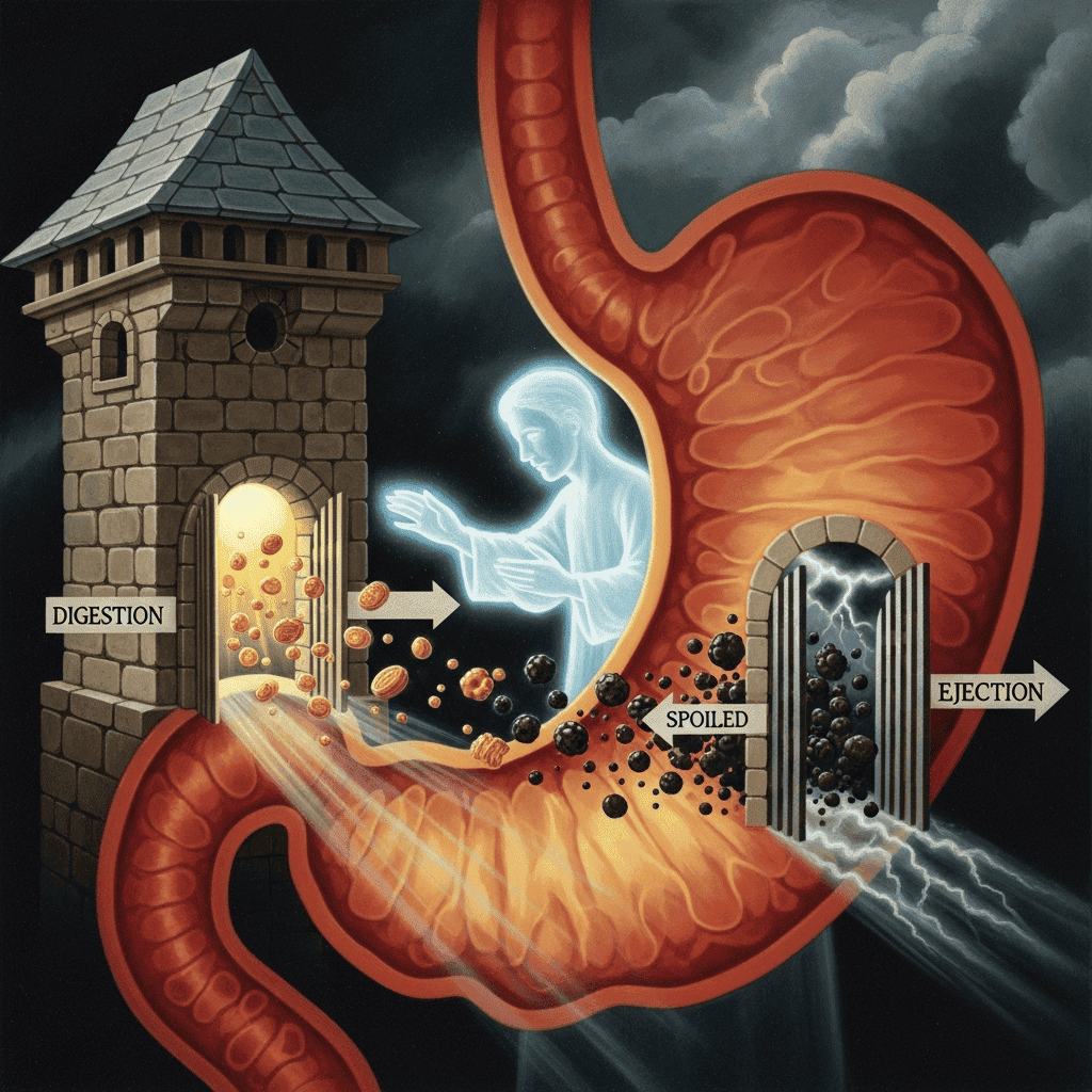  A symbolic painting of a stomach as a gatehouse, where a guardian intelligently separates good food from bad food, illustrating the body's wisdom.