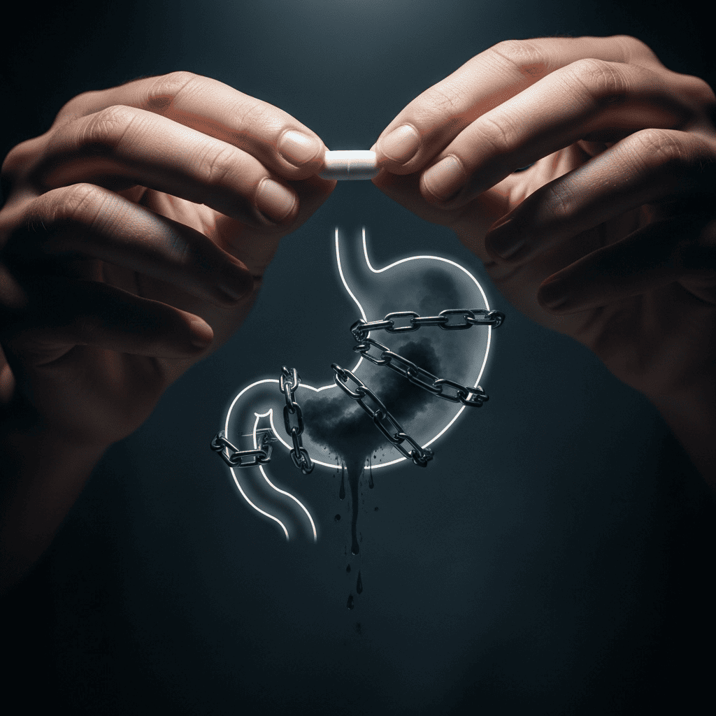 A symbolic image of a person taking a pill that chains their stomach shut, trapping toxins inside, representing the harm of suppressing vomit