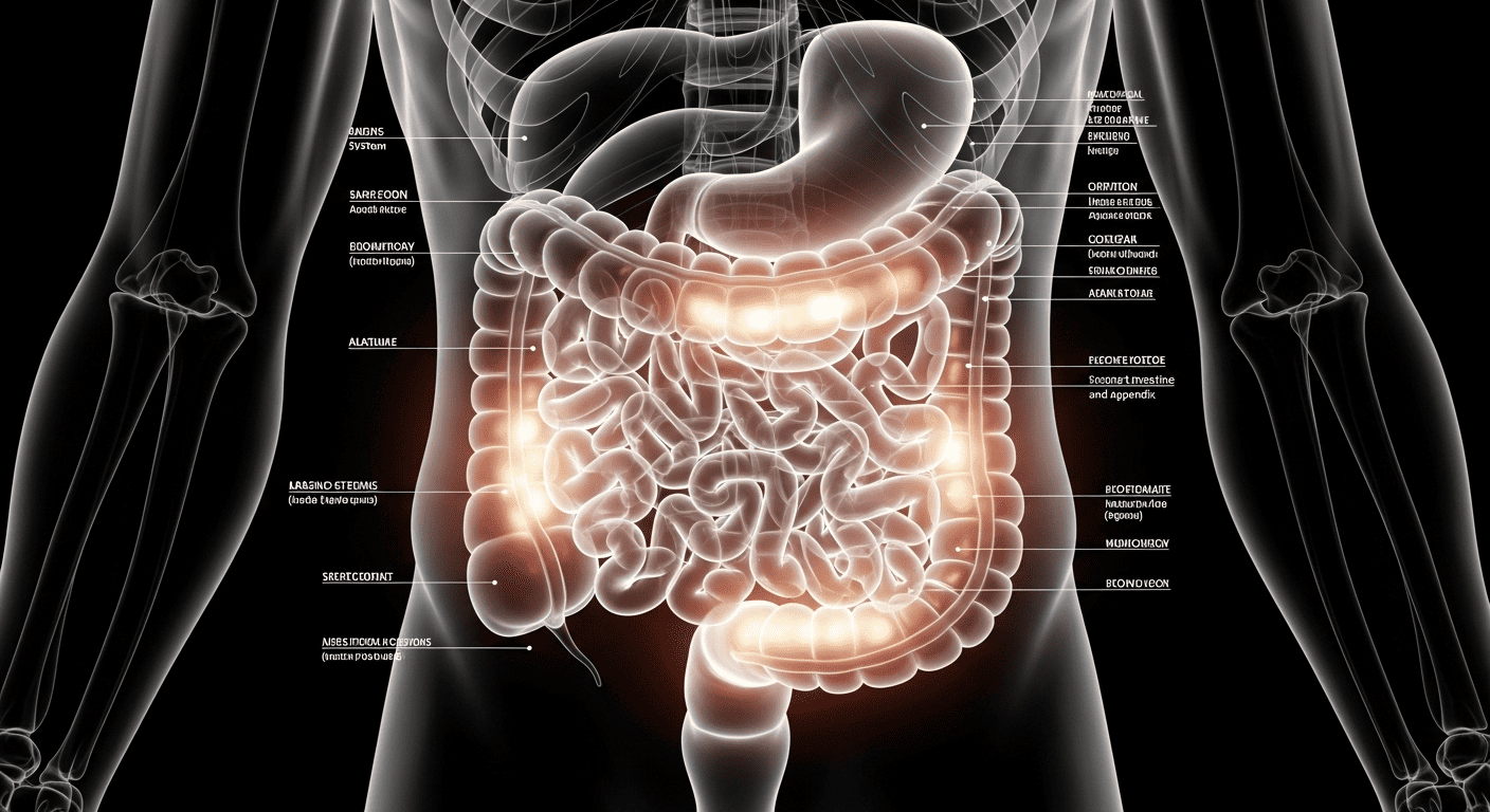 An anatomical illustration of a healthy intestine and appendix, glowing to show their vitality.