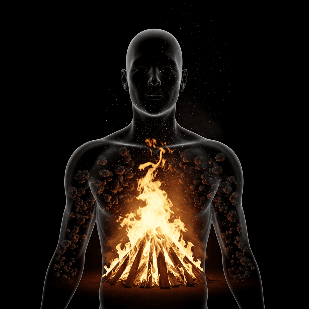  A symbolic image of a human body with a bonfire inside the torso, representing a fever burning away toxins