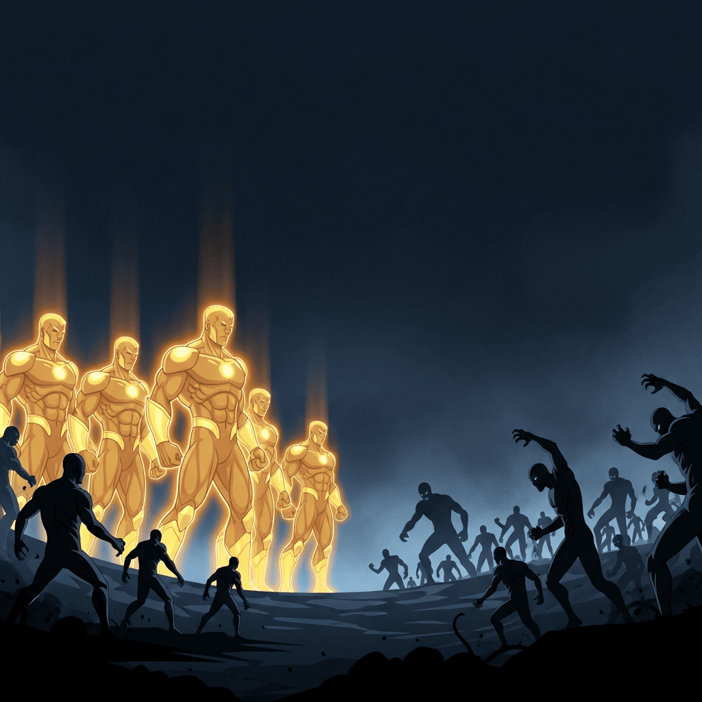 A cartoon of strong golden warriors representing the immune system easily defeating shadowy villains representing a disease.