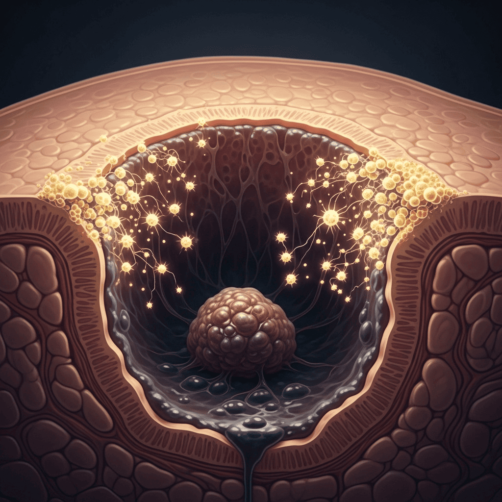 A symbolic image of a tumor inside the body, with small glowing germs appearing to consume the waste