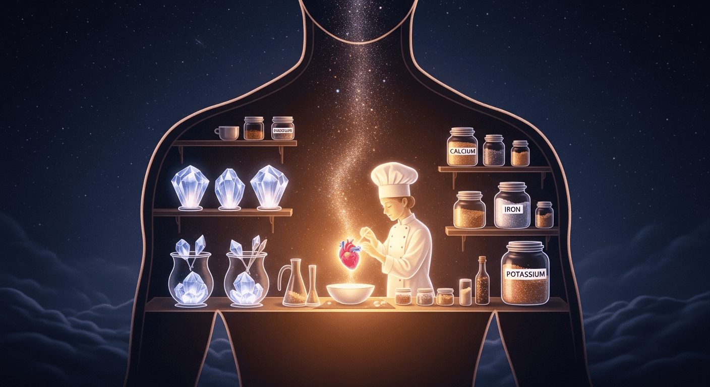 A symbolic kitchen inside a human body where a glowing chef uses stardust ingredients to craft a human heart