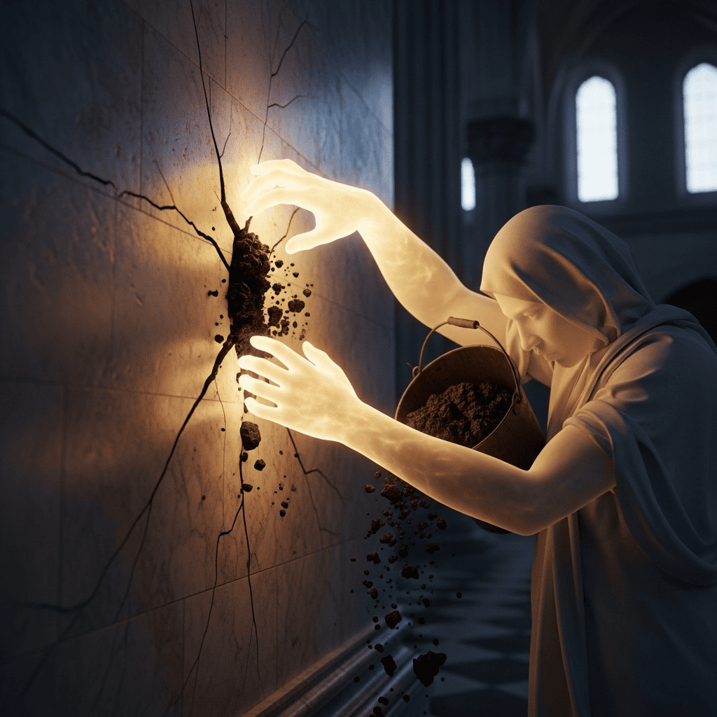 Luminous, powerful hands attempting to patch a crack in a marble wall, but the plaster they are using is dark and crumbling.
