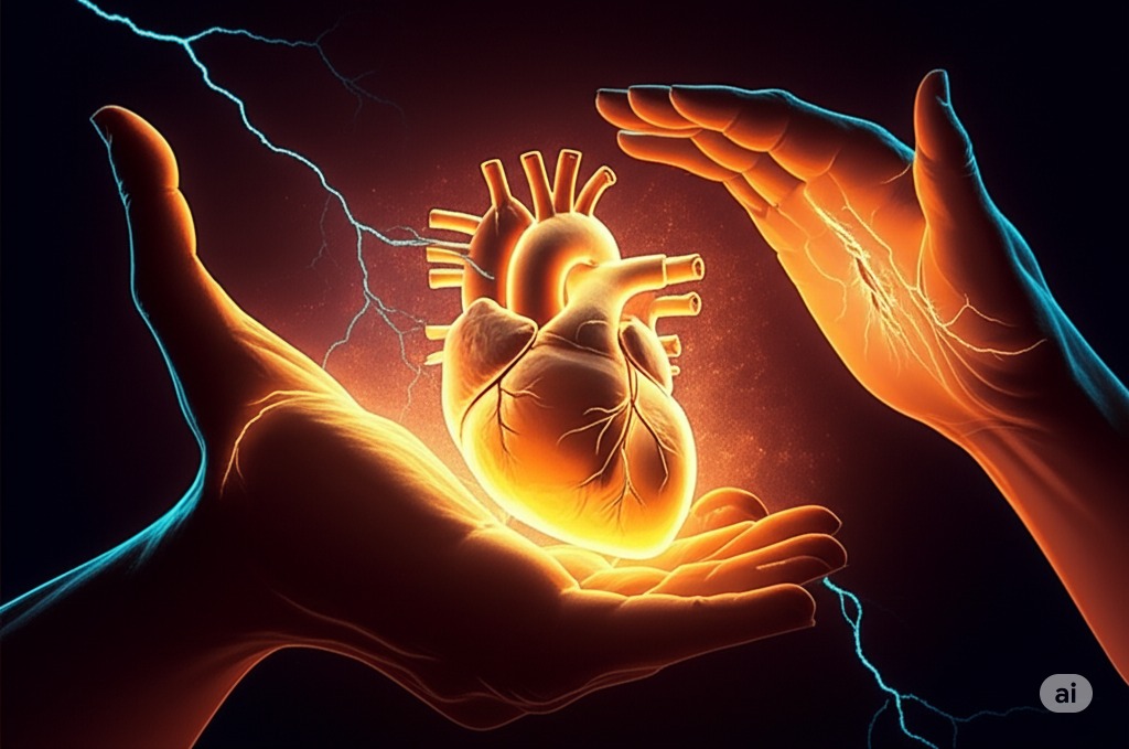 A thought bubble with fearful words creating a physical crack in a heart, symbolizing how the mind can create disease.