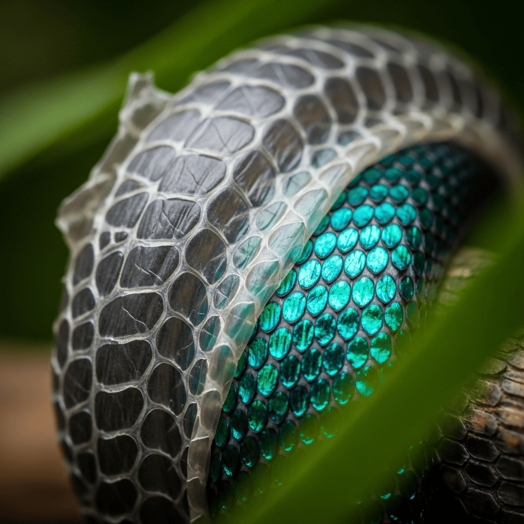  A close-up of a snake shedding its old, dull skin to reveal vibrant, shimmering new skin beneath.