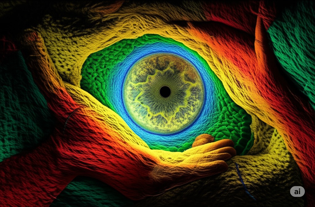  A zoom sequence from a human eye to a tapestry of fibers to reveal it's made of billions of individual, glowing cells.