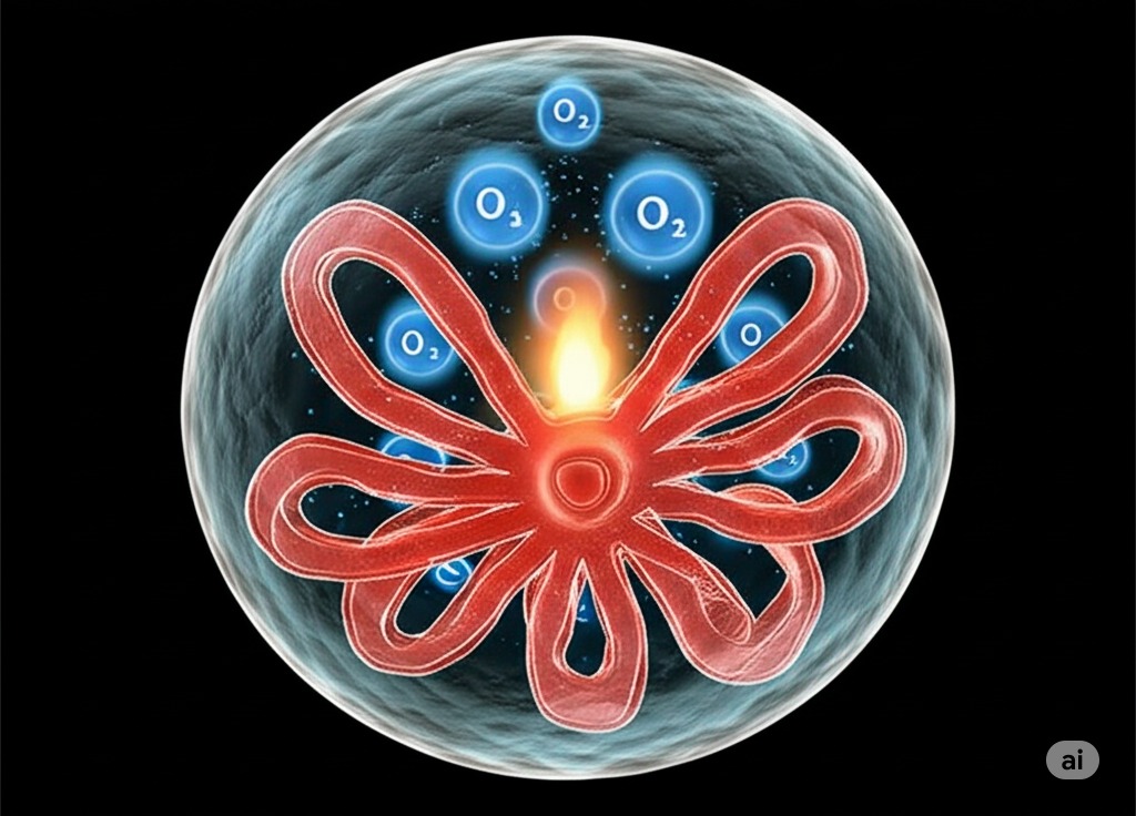 An artistic visualization of a human cell's mitochondria creating pranic energy, a key concept for understanding cellular health