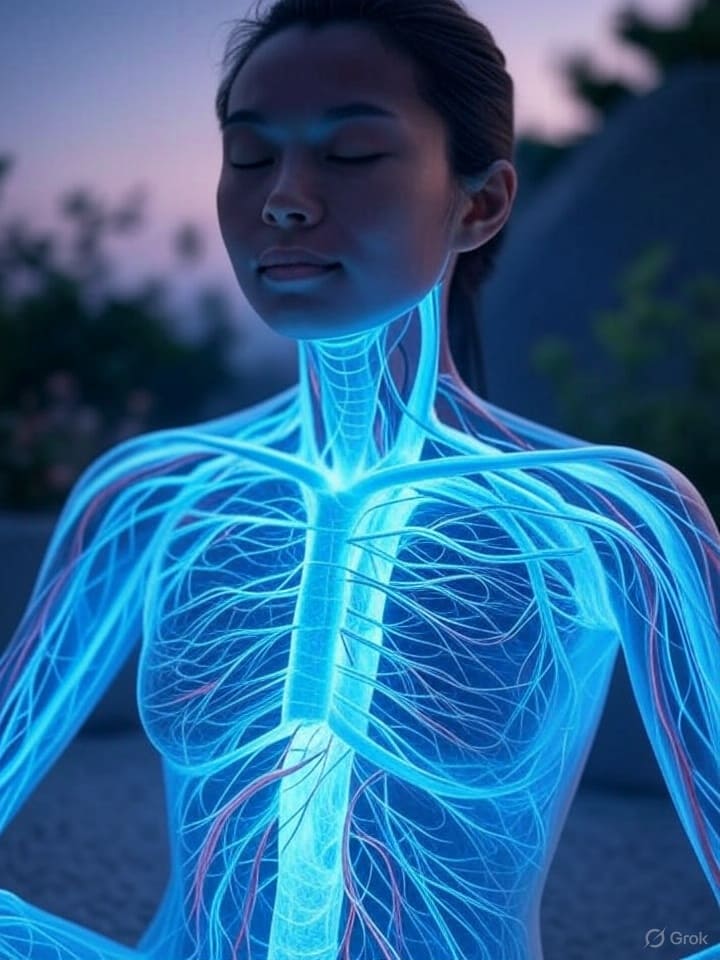  A person in meditation with a calm circulatory system, illustrating the concept that low blood pressure is a natural state of rest, not a disease.
