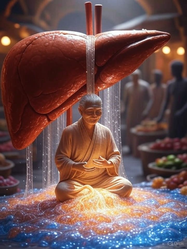 A symbolic artwork of the liver as the body's mother, preparing nutrients for cellular health, illustrating a key concept in holistic healing.