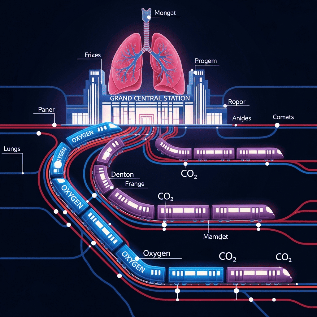  An infographic showing the lungs as a central station with oxygen and carbon dioxide trains traveling through the body's circulatory system.