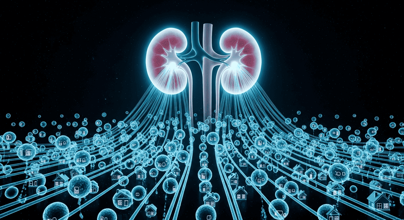 A symbolic image of glowing kidneys acting as a central water station, distributing pure water to all the cells of the body, depicted as small houses.