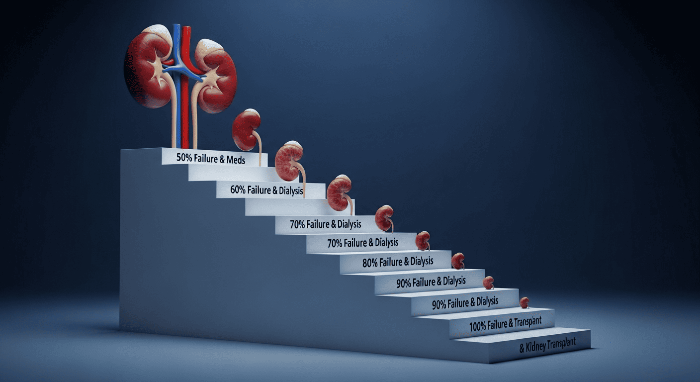 A symbolic image showing kidneys descending a staircase of conventional treatments, with their health declining at each step.