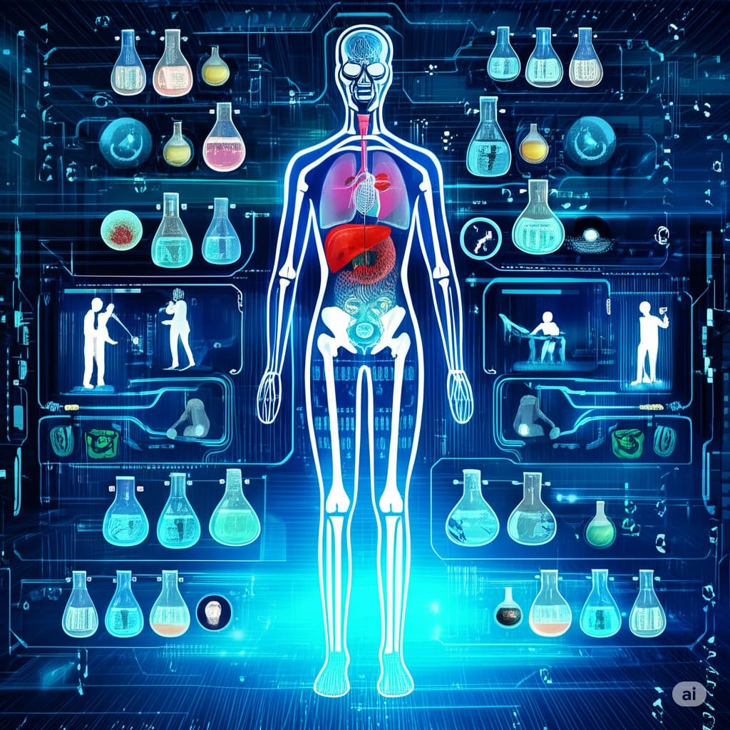 An intricate, glowing schematic of the human body, where organs like the liver, spleen, and bone marrow are depicted as sophisticated, high-tech laboratories. Inside these labs, tiny, intelligent beings in white coats are analyzing pathogens and formulating glowing potions of medicine. The aesthetic is a blend of biology and futuristic technology, symbolizing the body's innate intelligence.