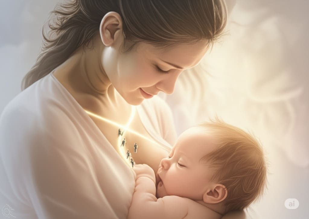  An artistic representation of a mother's milk transferring ancestral knowledge and immunity to her baby as a glowing thread of light.