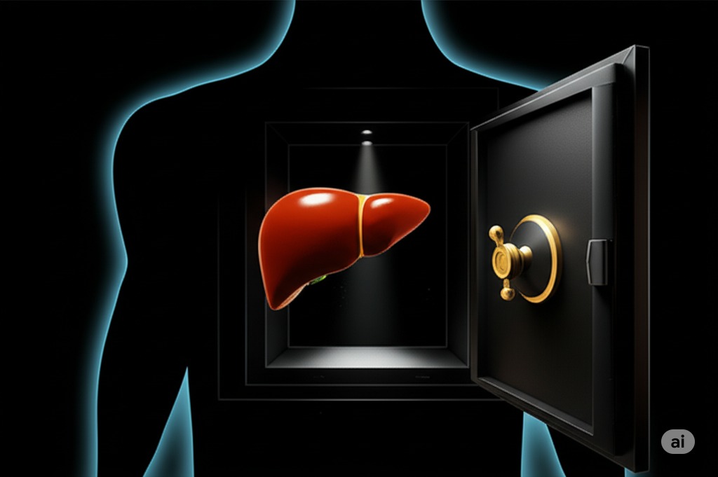 An allegorical image of an empty vault inside a human liver, symbolizing depleted glycogen stores and the body's energy crisis.