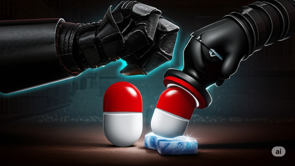 A conceptual image of a medicine tablet forcing a reluctant pancreas to give insulin to "bad sugar," representing an unnatural intervention.