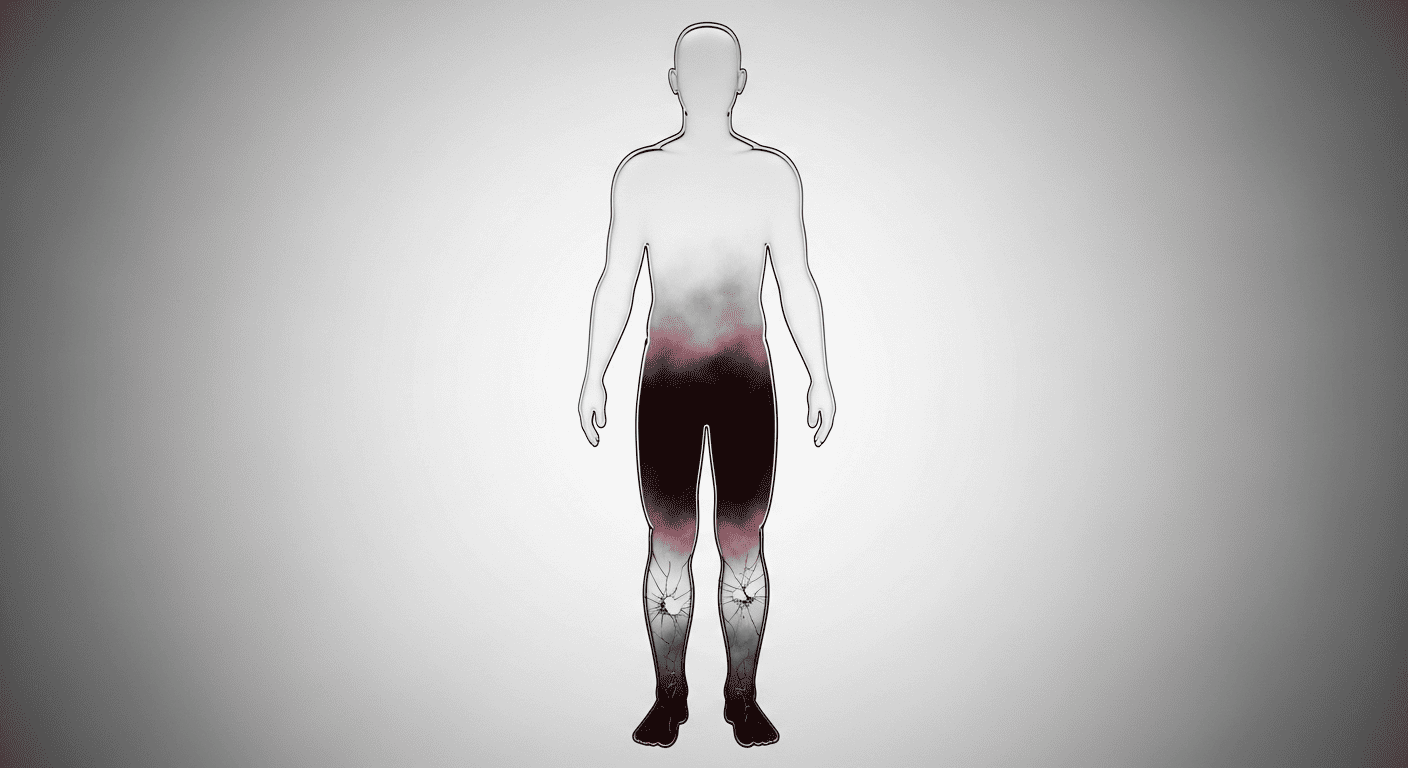 An allegorical image showing how "bad sugar" in the blood pools in the feet, causing cellular damage and diabetic neuropathy.