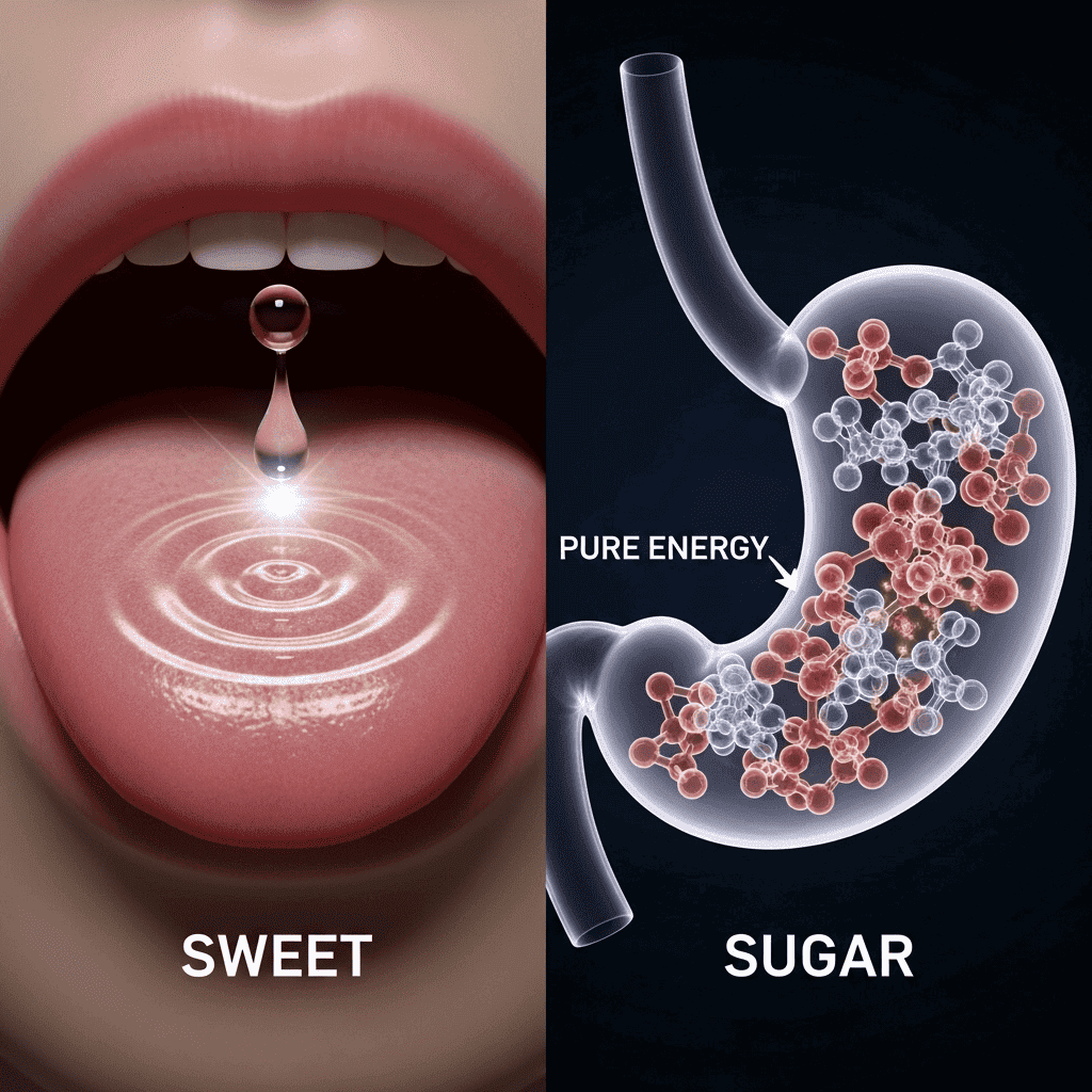 A conceptual image distinguishing the taste of "sweet" on the tongue from the substance of "sugar" being digested in the stomach.