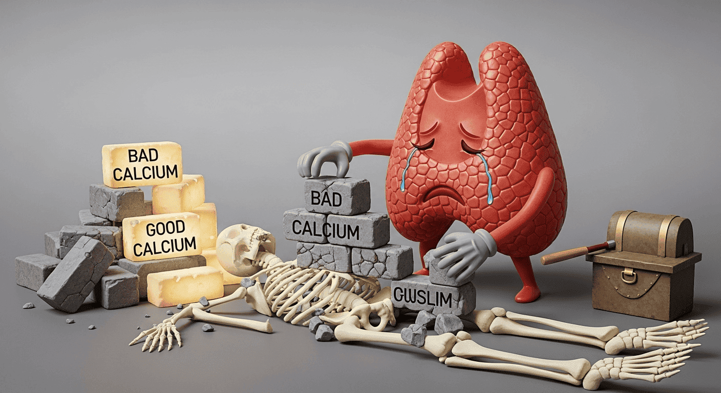 A conceptual image showing how "bad calcium" leads to being overly lean and "bad sodium" leads to obesity by affecting muscle function.