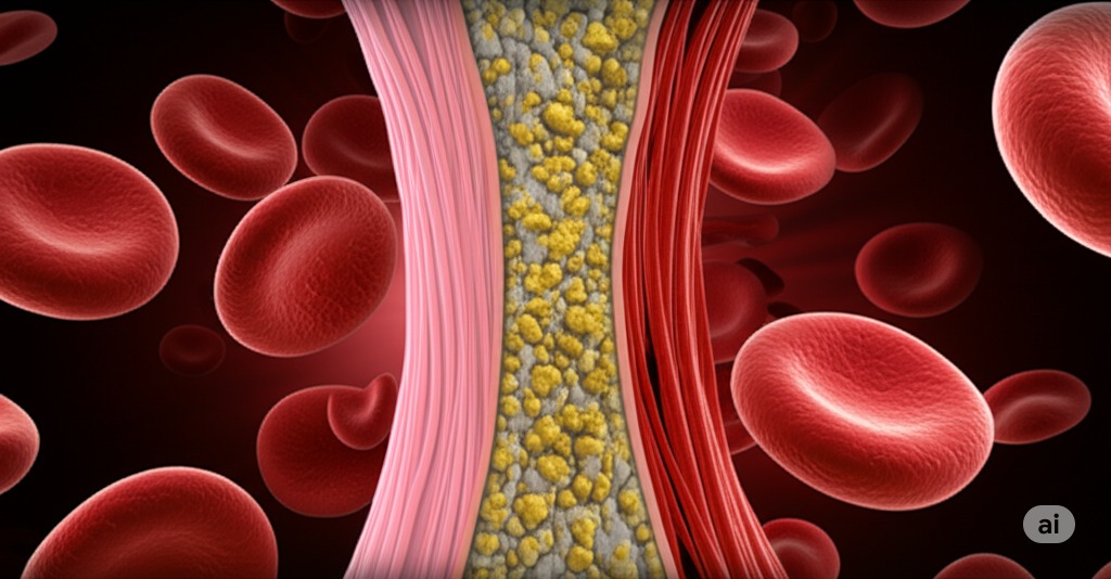 A conceptual image showing the inside of an artery being clogged by LDL cholesterol sludge, causing a dangerous blockage.