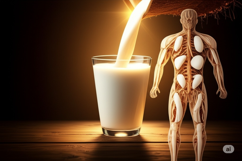 An allegorical image of coconut milk as a healing elixir, dissolving cholesterol blockages and cleansing the body.