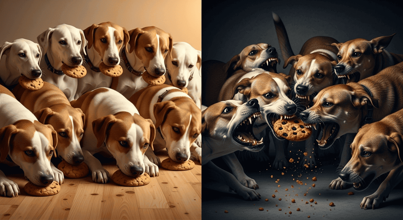 A powerful visual analogy contrasting healthy cells being fed (calm dogs) with starving cells fighting for resources (fighting dogs).