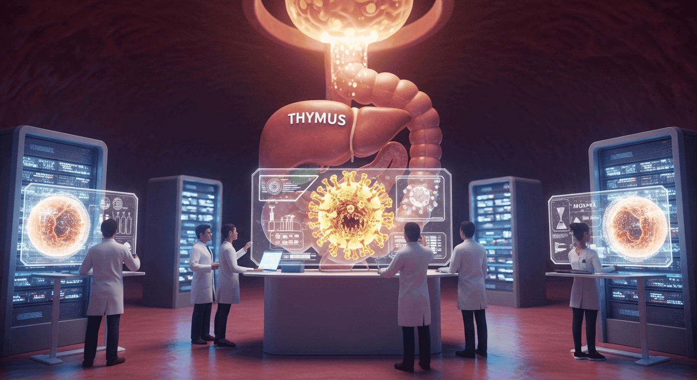 A conceptual image of the body's organs as a high-tech command center, intelligently creating medicine to fight a virus.