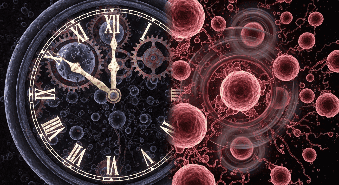 A conceptual image of a biological clock malfunctioning, representing cancer as a problem of cellular renewal being too slow (decay) or too fast (growth).