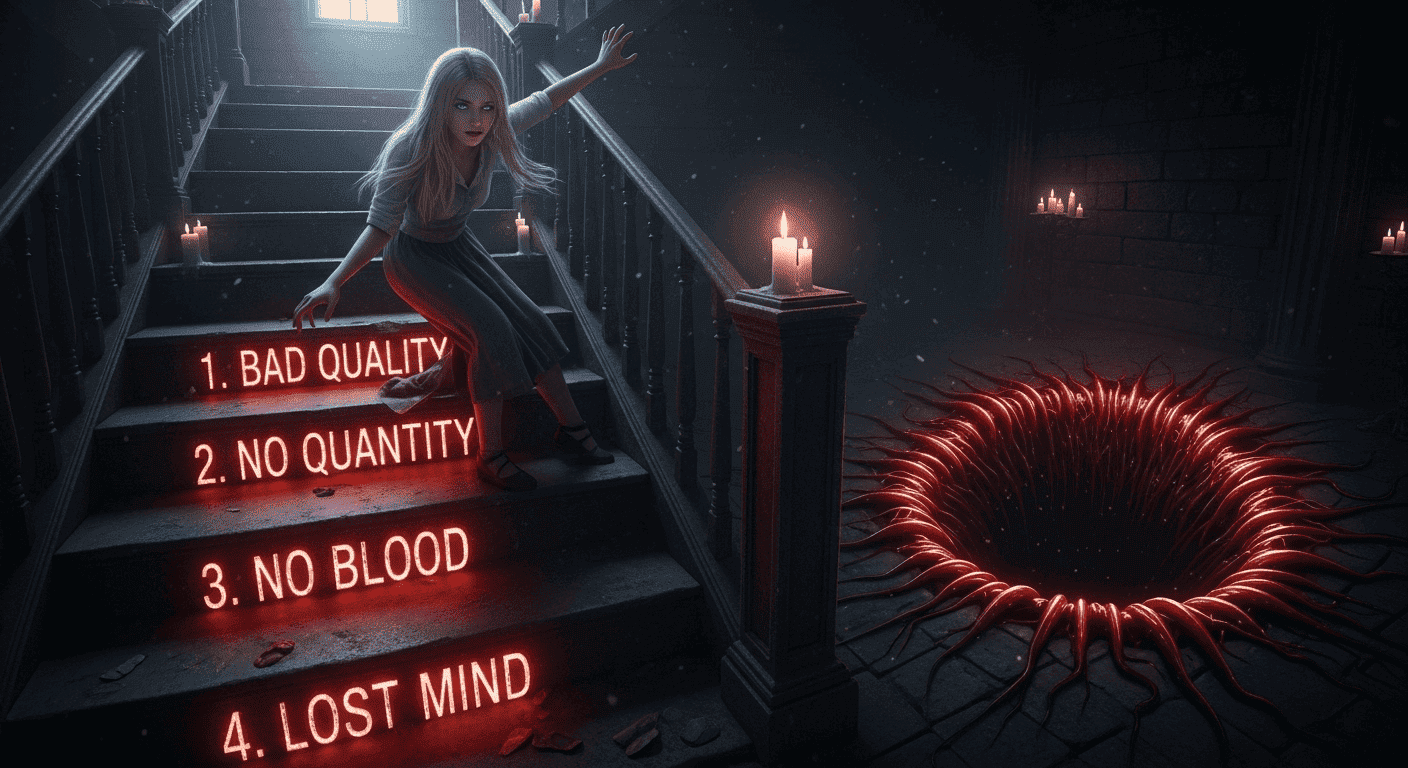  A symbolic image of a person descending the four steps of chronic illness, leading inevitably to the pit of cancer.
