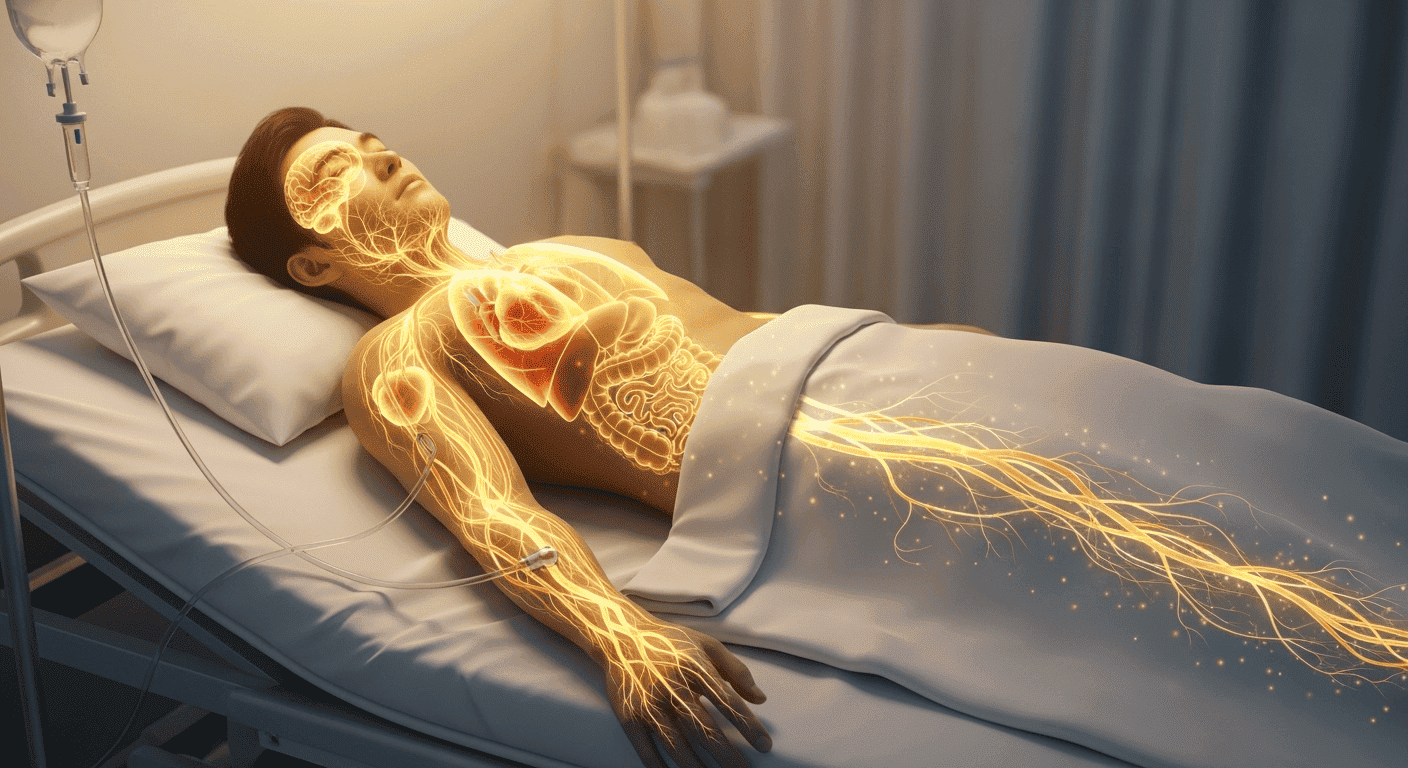 A conceptual image of an IV drip healing the entire body by supplying vital nutrients to the bloodstream, showing the blood's central role in health.