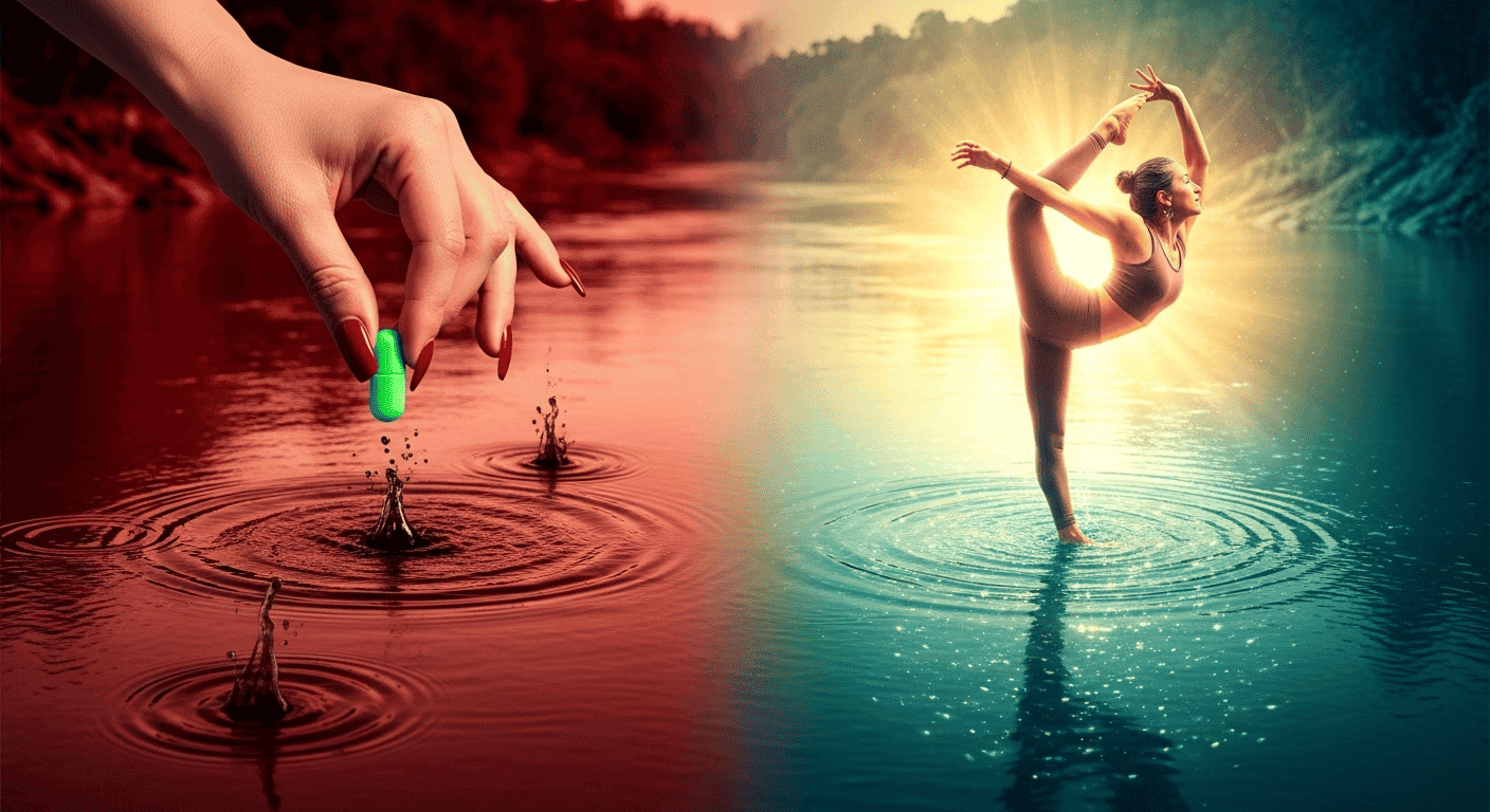 A conceptual image contrasting the temporary, side-effect-laden "cure" of medicine with the holistic, natural purification that comes from practices like yoga.