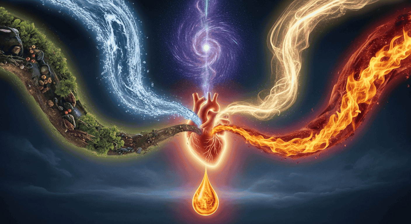  A powerful, symbolic image showing the five elements—Earth, Water, Air, Fire, and Space—converging to create a perfect drop of pure blood.