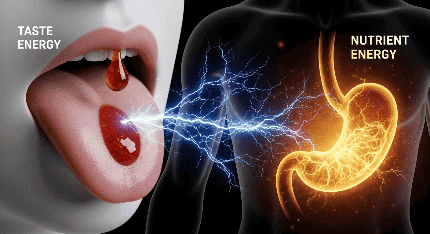 A conceptual image showing the instant, electric burst of "taste energy" versus the slow, deep glow of "nutrient energy" from food.
