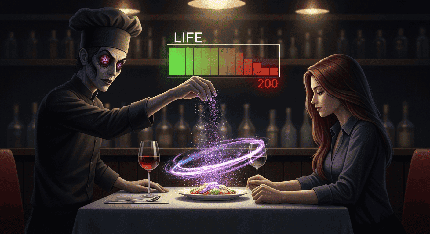 A symbolic image of a restaurant chef using chemicals to create a temporary energy boost that secretly drains a person's life force.