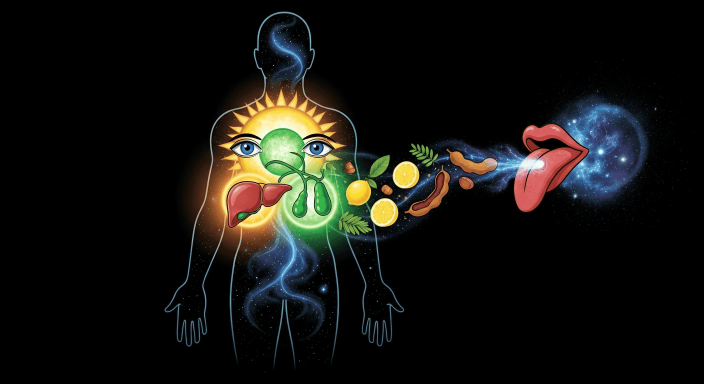A conceptual image showing how sour taste creates "space energy" that fuels the interconnected system of the liver, gallbladder, and eyes