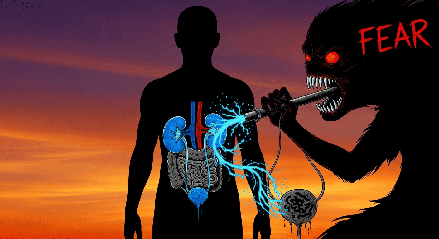A symbolic image of the emotion of "fear" as a monster draining the vital "water energy" from the kidneys, causing them to fail.