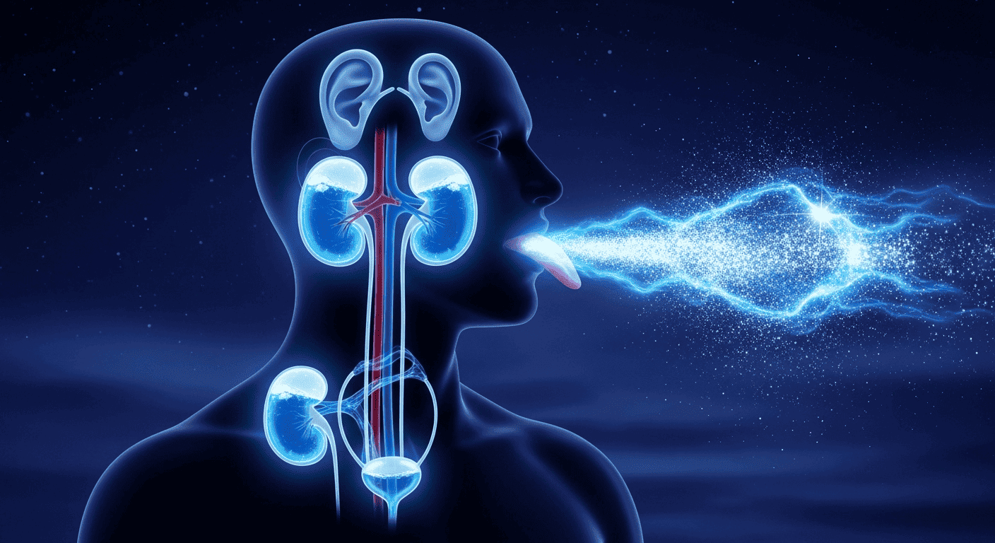 A conceptual image showing how salt taste creates "water energy" that fuels the interconnected system of the kidneys, urinary bladder, and ears.