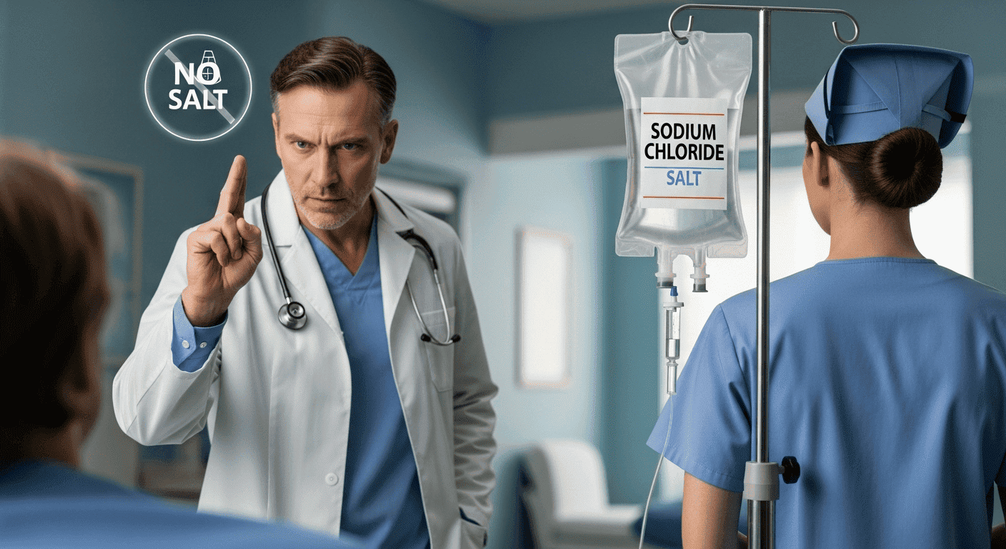 A symbolic image showing a doctor forbidding salt while simultaneously prescribing a saline (salt) IV drip, highlighting a medical contradiction.
