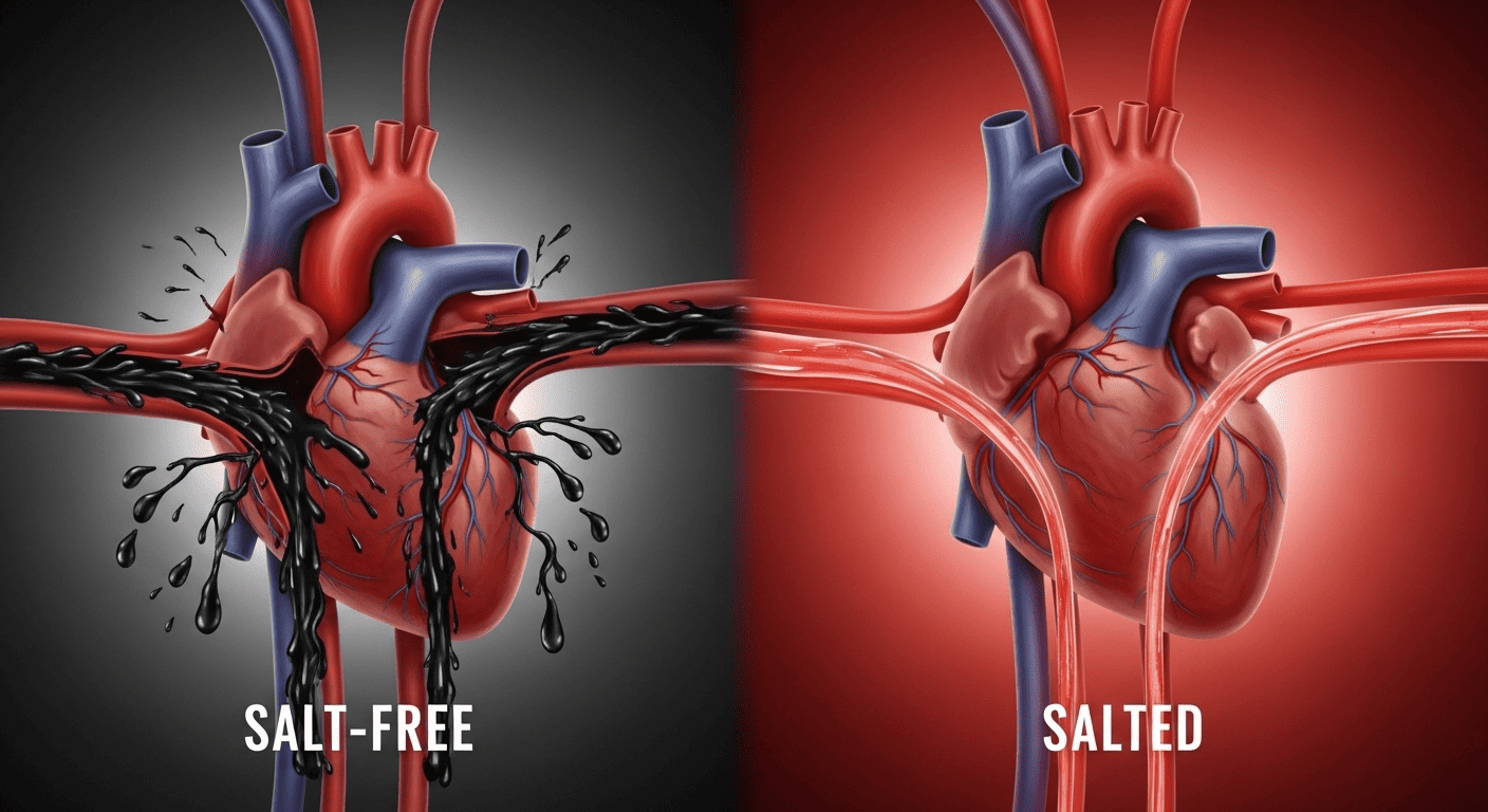  A conceptual image contrasting a heart straining to pump thick, "salt-free" blood with a healthy heart easily pumping clean, "salted" blood.