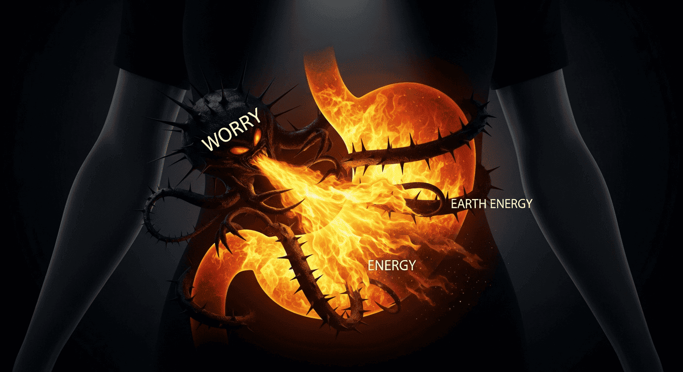 A symbolic image of the emotion of "worry" as a parasite draining the vital "earth energy" from the stomach, shutting down digestion.
