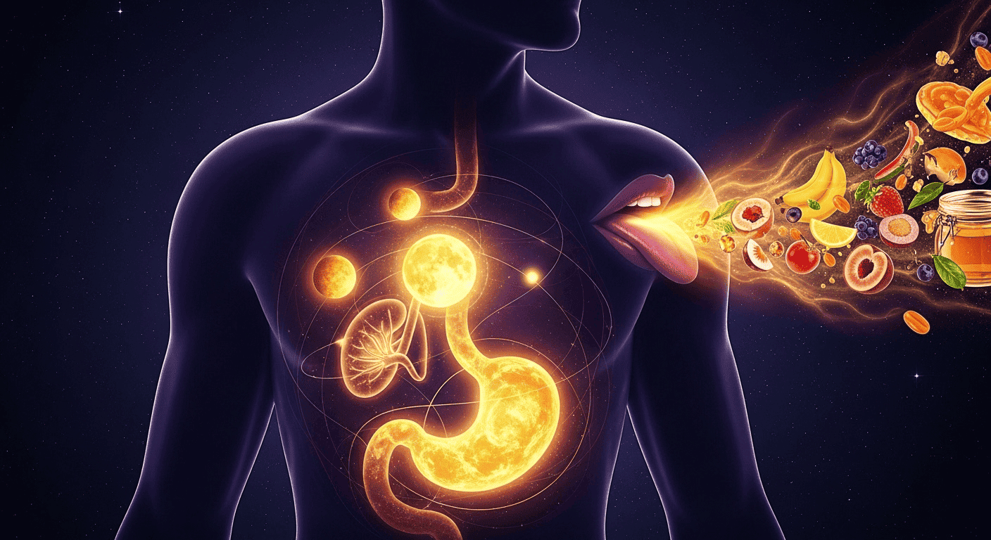  A conceptual image showing how sweet taste creates "earth energy" that fuels the interconnected system of the stomach, spleen, and lips.
