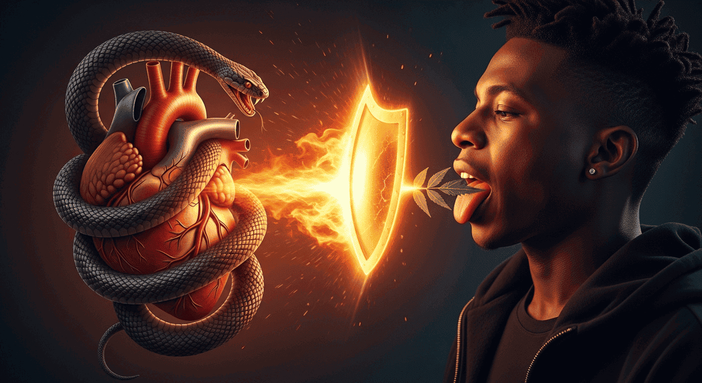 A symbolic image showing bitter taste creating a fiery shield around the heart that destroys snake venom, representing a natural antidote.