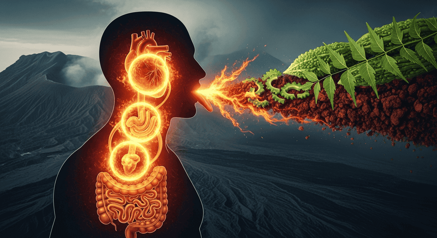 A conceptual image showing how bitter taste creates "fire energy" that fuels the interconnected system of the heart, small intestine, and tongue.