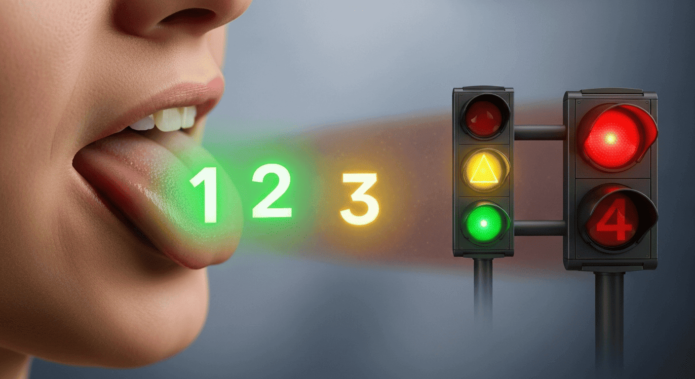 A conceptual image of the tongue as a traffic light, signaling when to start, slow down, and stop eating a certain taste, representing intuitive eating.