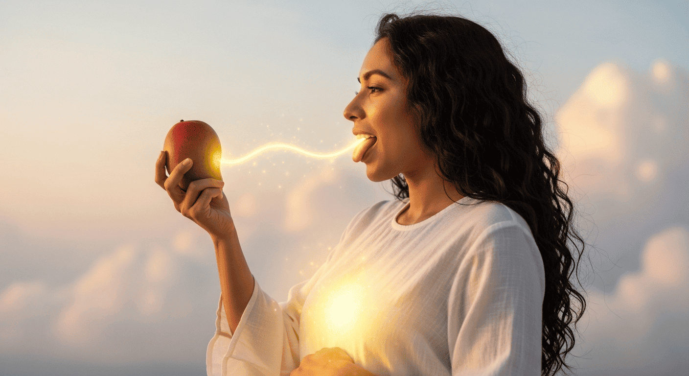 A symbolic image showing a pregnant woman's cravings as an intelligent communication from her body, connecting her tongue to the food it needs.