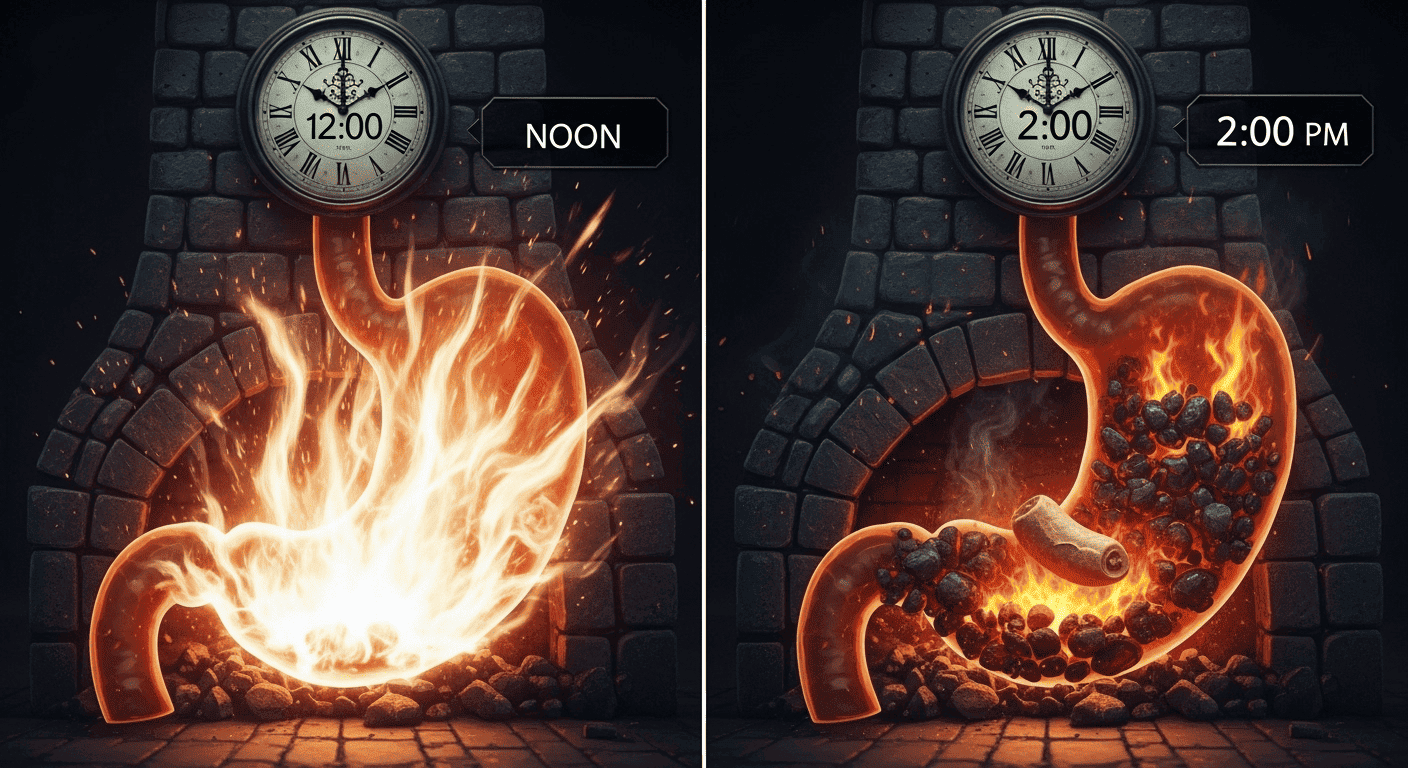 A symbolic image of the stomach as a forge, showing how its digestive "fire" weakens when hunger is ignored, leading to poor digestion.