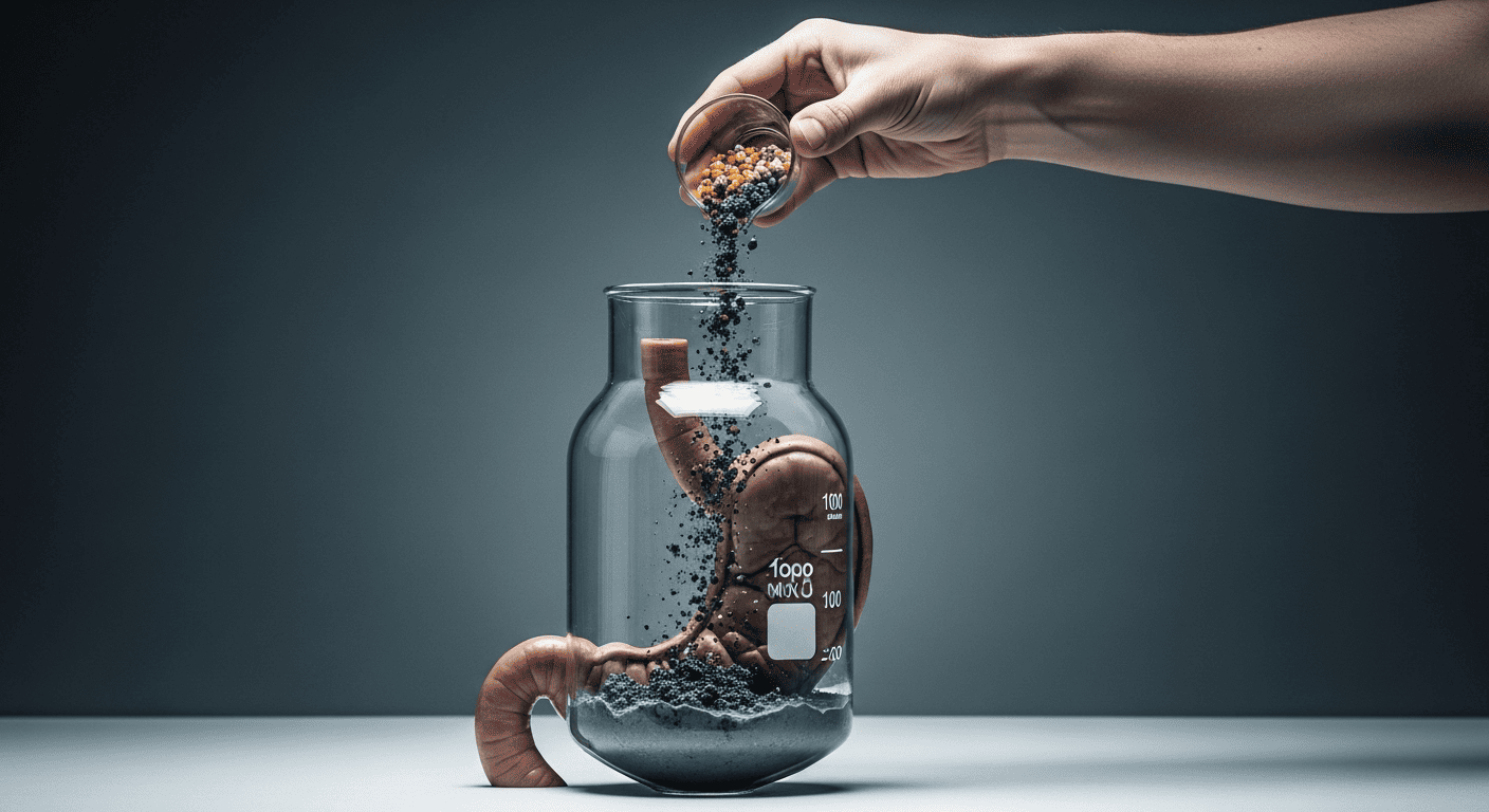 A conceptual image showing fresh food being corrupted by undigested food in the stomach, symbolizing the danger of eating without hunger.